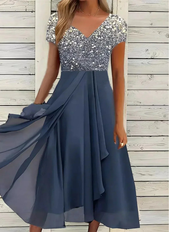 CHLOE | A-LINE MIDI DRESS WITH FLORAL BODICE